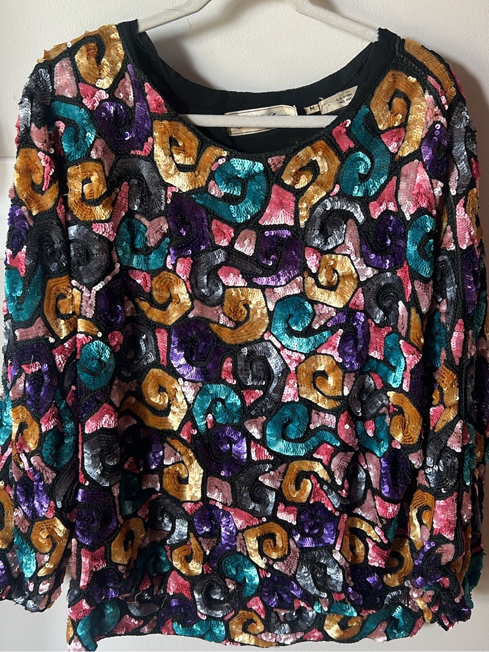Saks Fifth Avenue Vintage 100% Silk Sequin Beaded Top Psychedelic Swirl